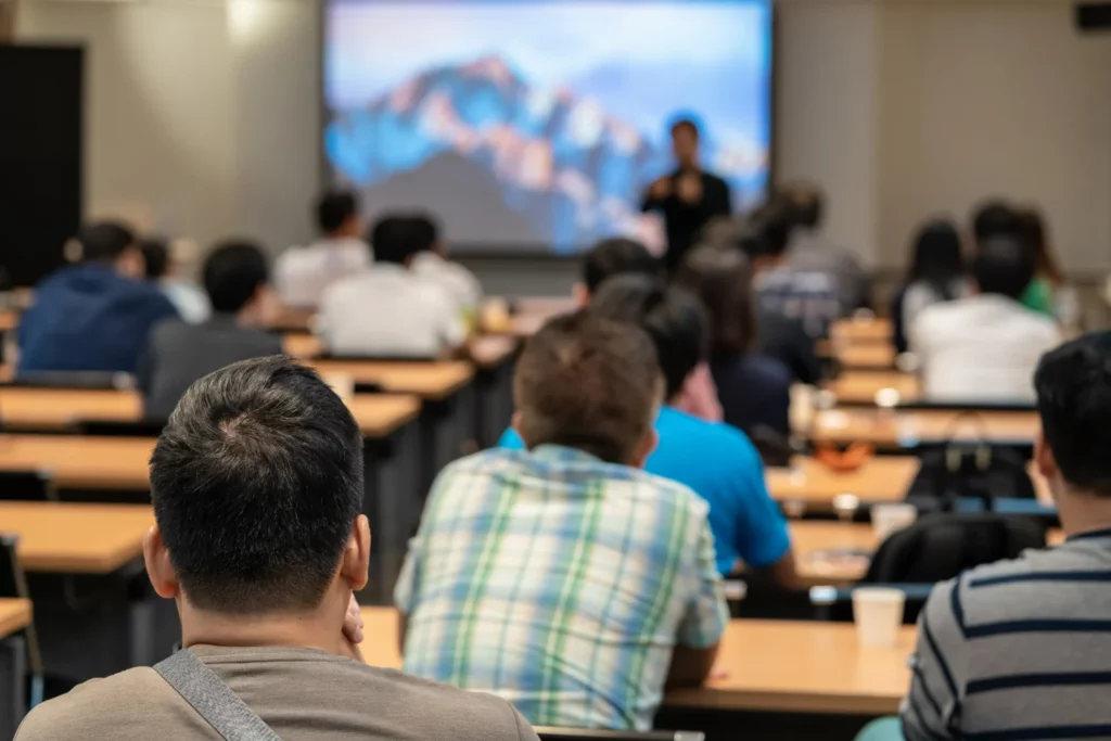 alunos escutando um professor dando aula sobre IA