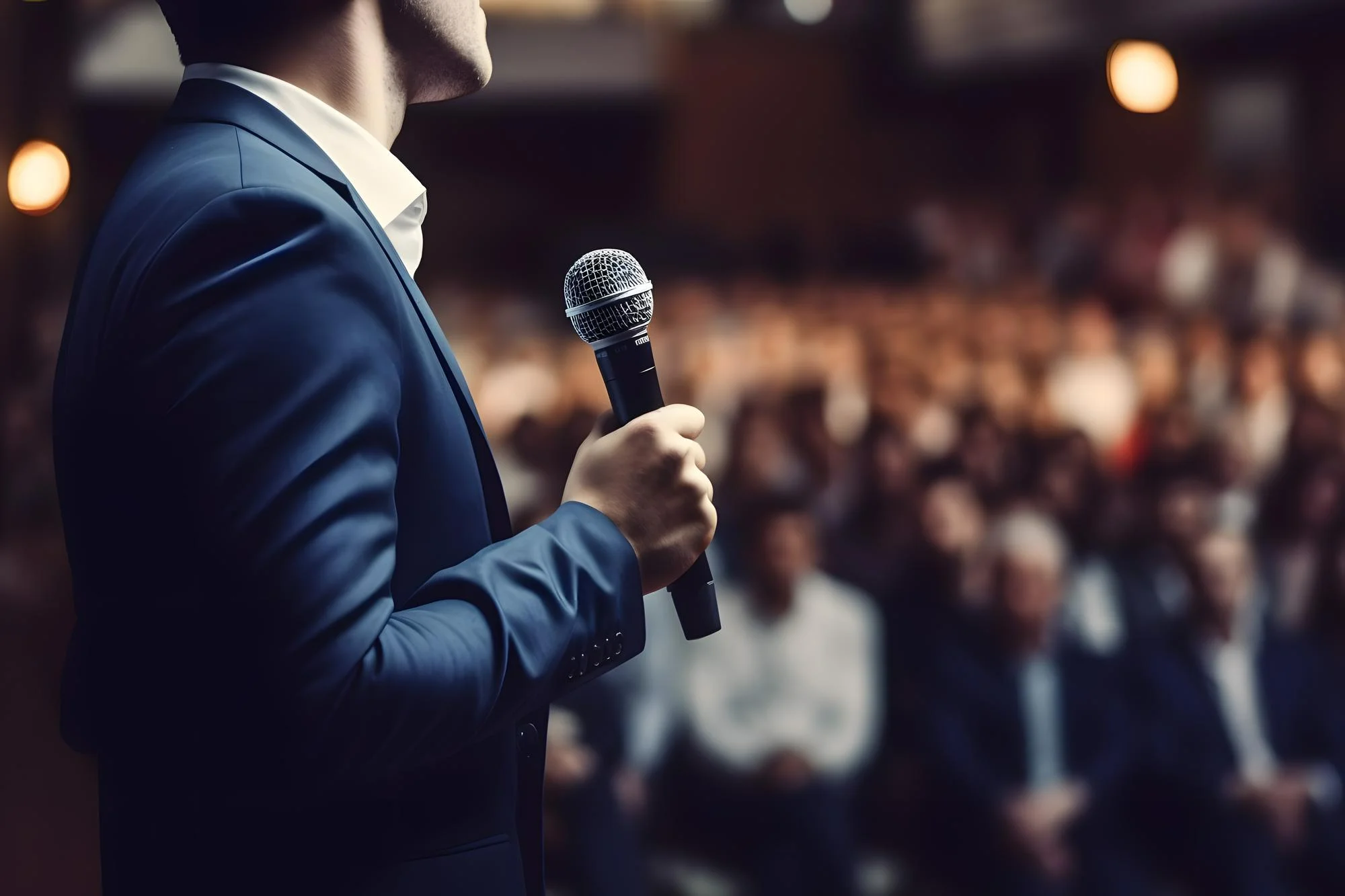 pessoa com um microfone na mão, em cima de um palco, dando uma palestra antiassédio