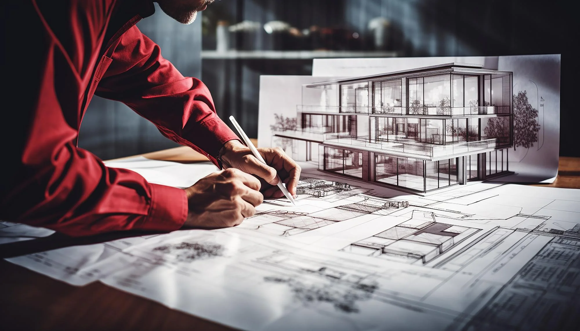 arquiteto realizando um desenho em uma grande folha de papel