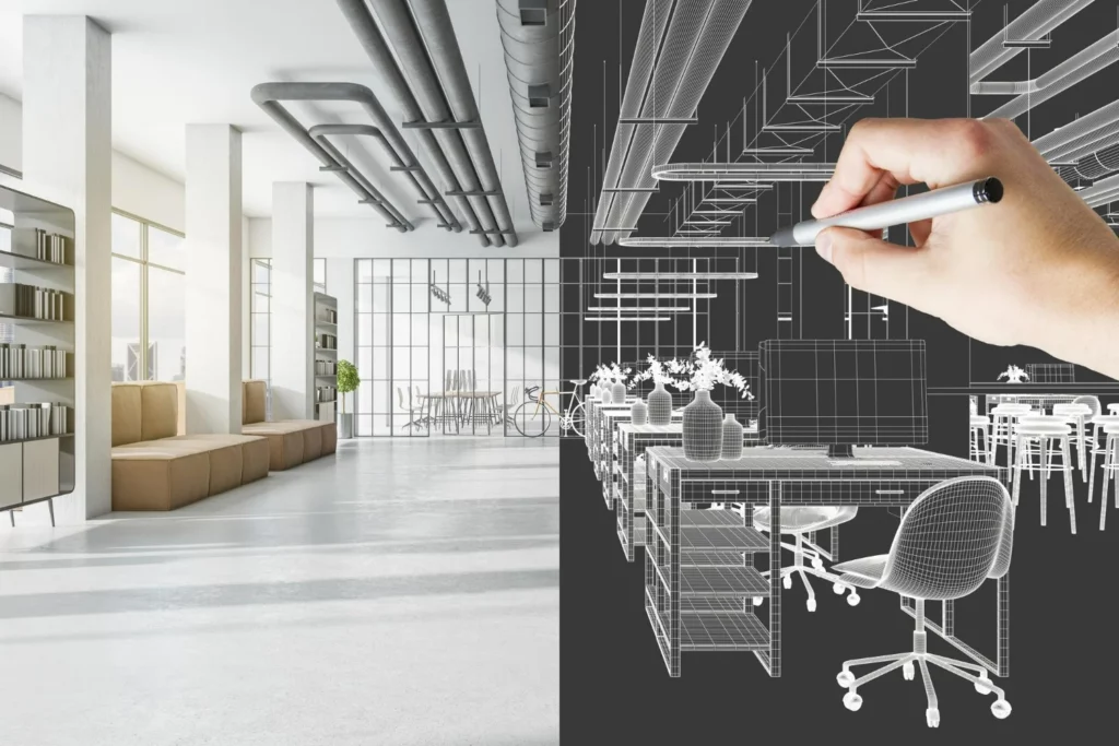profissional realizando uma ilustração de um projeto de design com visualização 3D