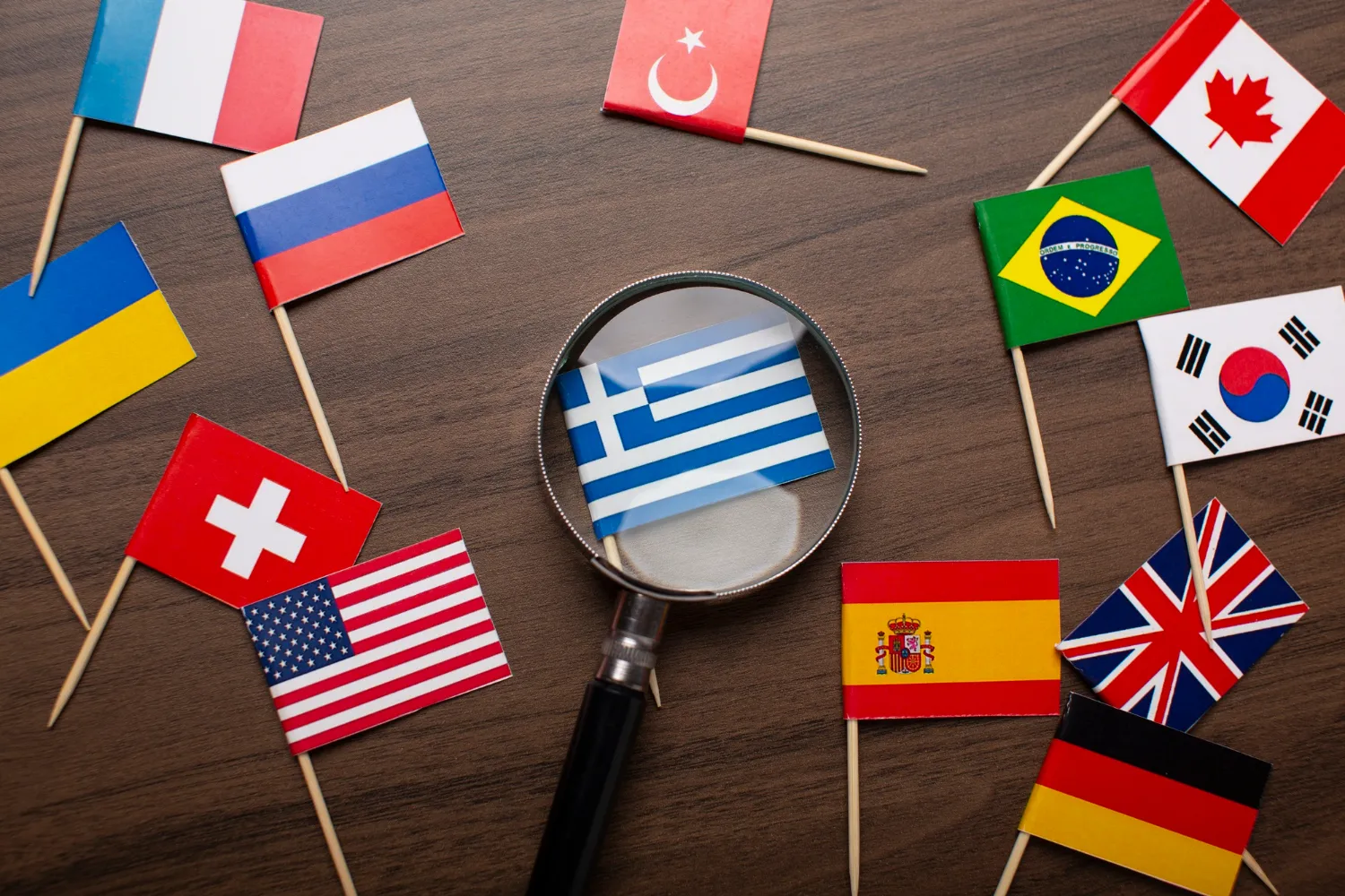 Lupa observando uma bandeira entre várias, representando a tradução e versão