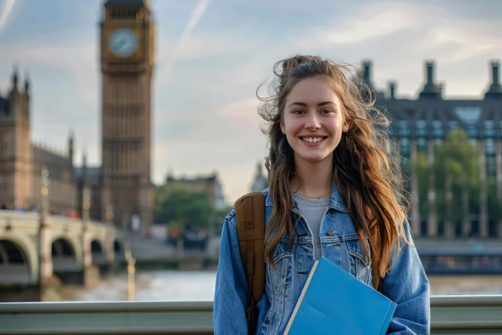 Jovem branca sorridente em Londres após conseguir seu visto de estudante para Inglaterra.