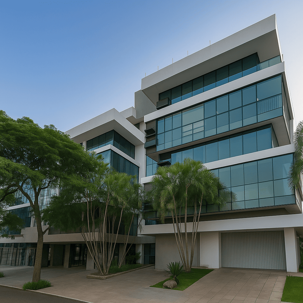 Fachada moderna do edifício comercial da One Translations em Porto Alegre, localizado no bairro Bela Vista, local estratégico para serviços de tradução juramentada na capital gaúcha