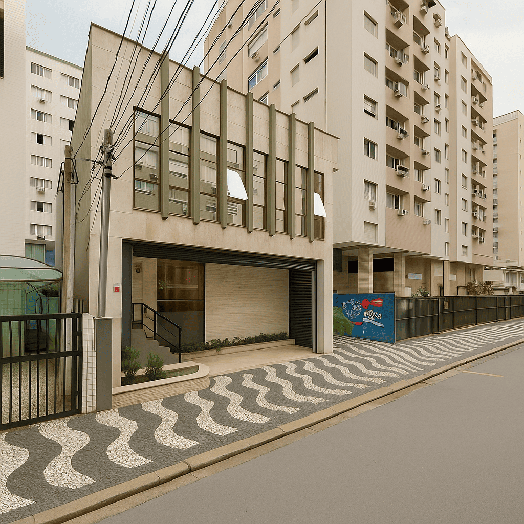 Fachada da unidade da One Translations em Santos, localizada na Rua Quintino Bocaiuva, 3 – prédio comercial moderno próximo à orla da praia, ideal para serviços de tradução juramentada na Baixada Santista.