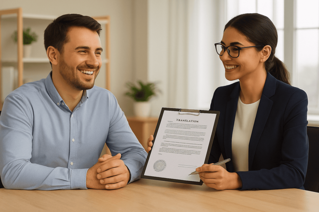 Profissional de tradução entrega documento certificado a cliente satisfeito em ambiente corporativo, representando confiança e qualidade no serviço.